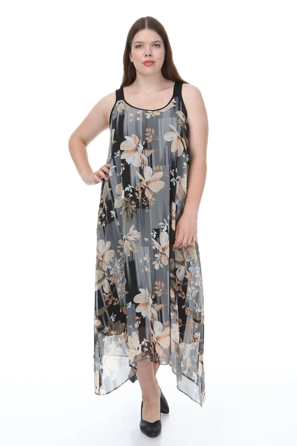 Büyük Beden Kadın Çiçek Desenli Pamuklu Viskon Maxi Elbise