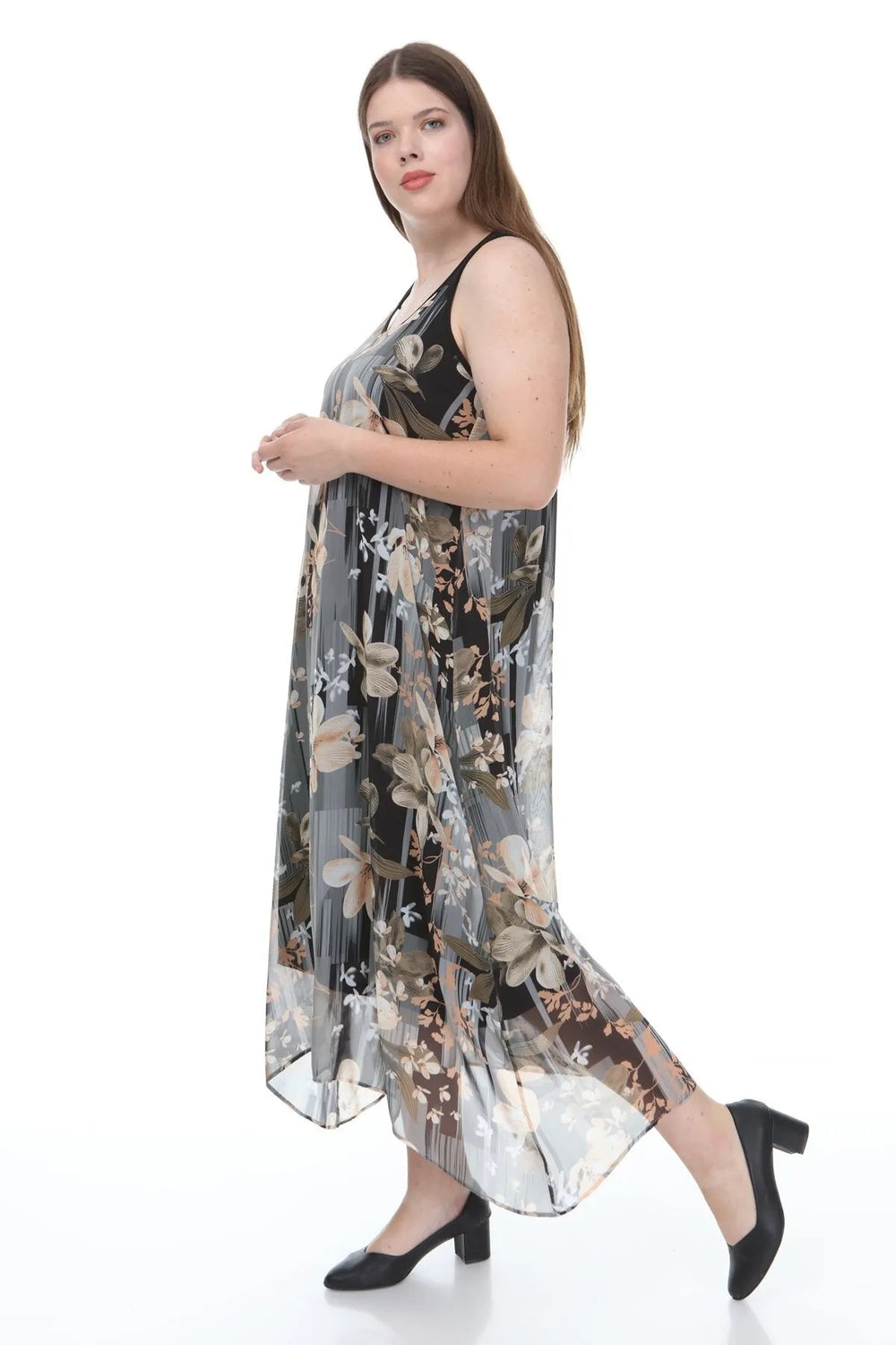 Büyük Beden Kadın Çiçek Desenli Pamuklu Viskon Maxi Elbise - Image 4
