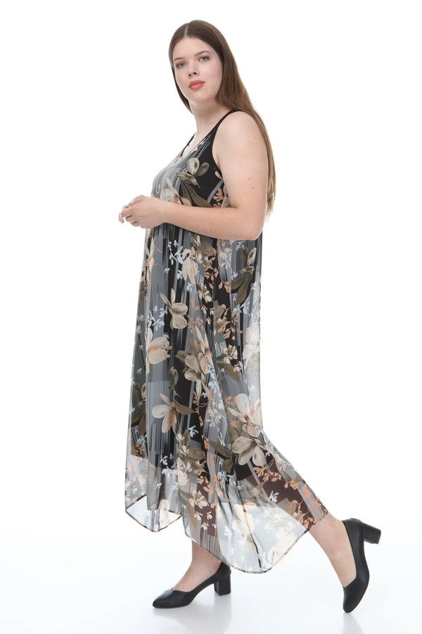 Büyük Beden Kadın Çiçek Desenli Pamuklu Viskon Maxi Elbise