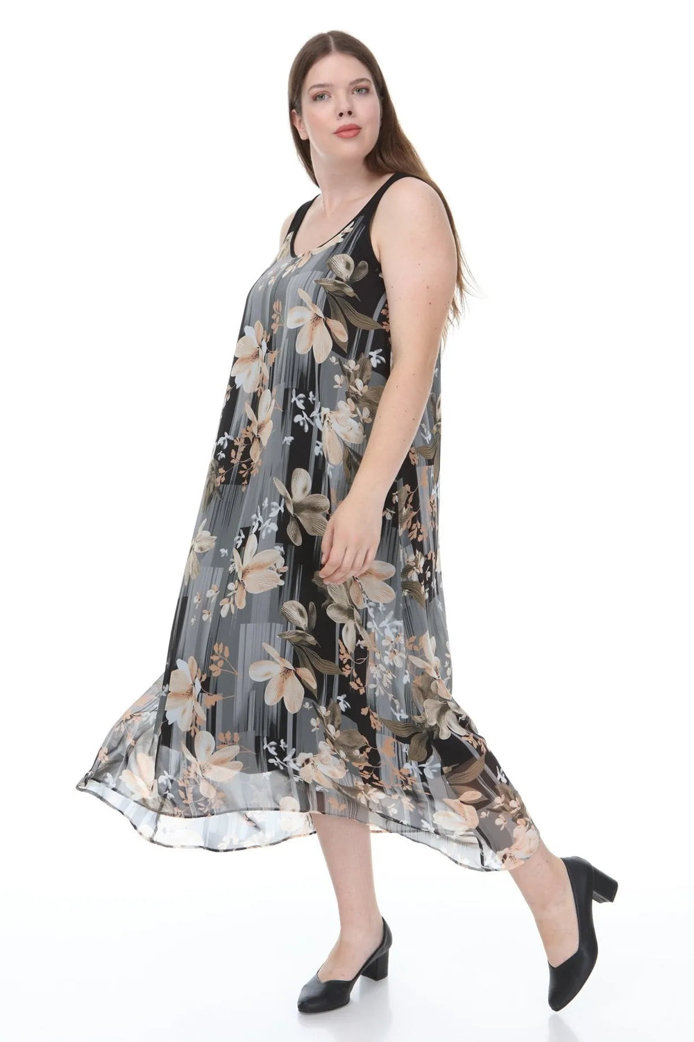 Büyük Beden Kadın Çiçek Desenli Pamuklu Viskon Maxi Elbise - Image 6