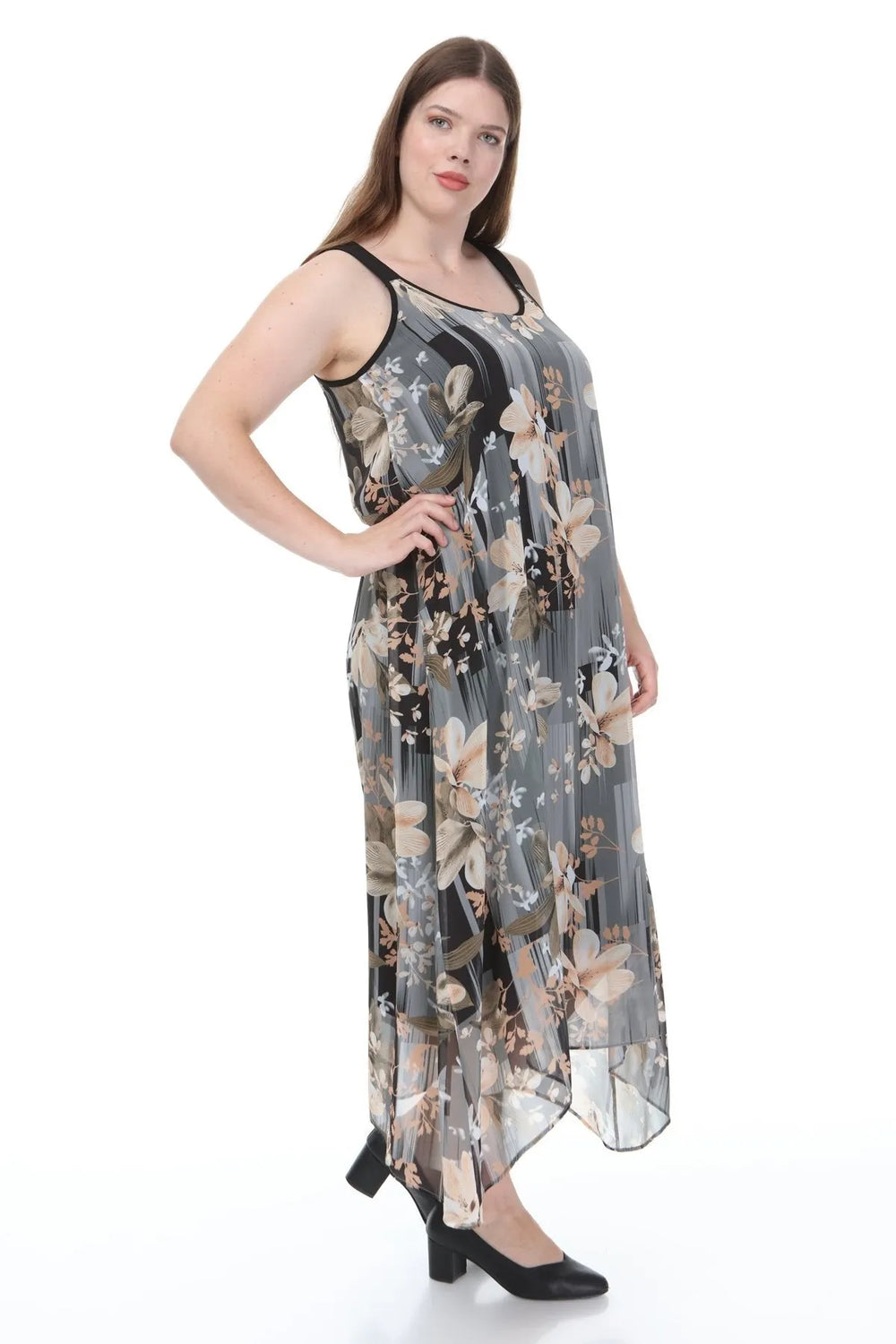 Büyük Beden Kadın Çiçek Desenli Pamuklu Viskon Maxi Elbise - Image 5