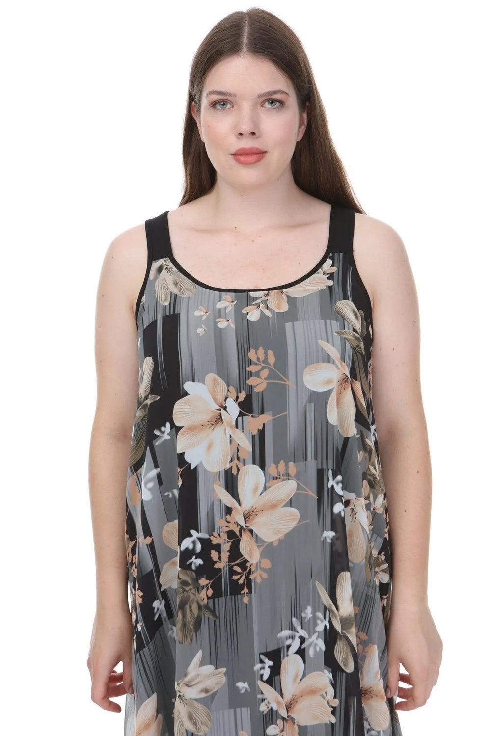 Büyük Beden Kadın Çiçek Desenli Pamuklu Viskon Maxi Elbise - Image 7