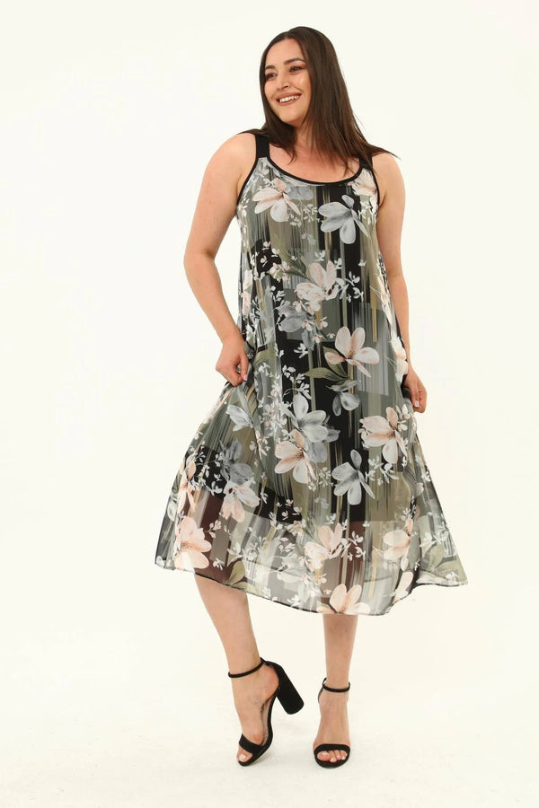 Büyük Beden Kadın Çiçek Desenli Pamuklu Viskon Maxi Elbise