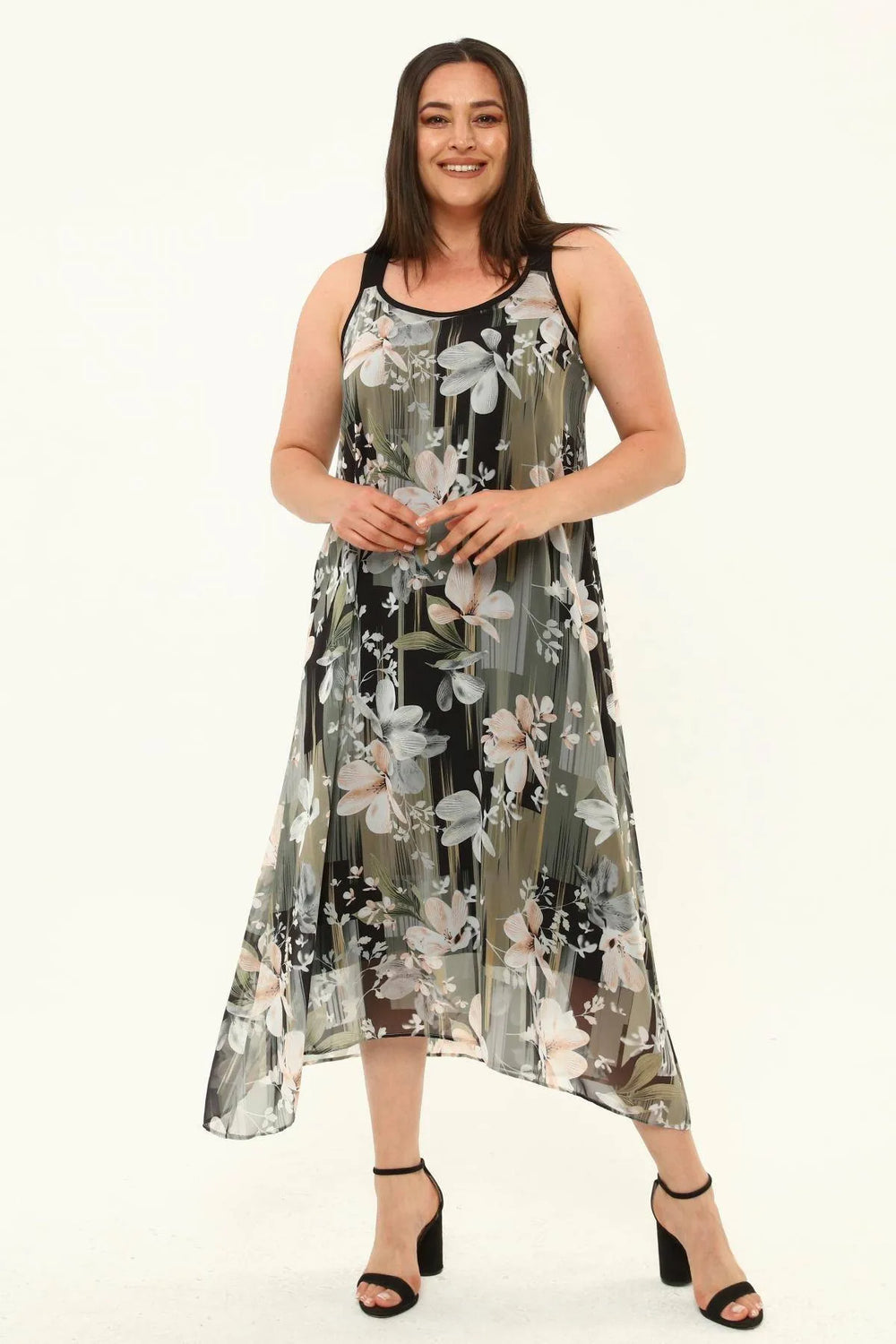 Büyük Beden Kadın Çiçek Desenli Pamuklu Viskon Maxi Elbise - Image 11