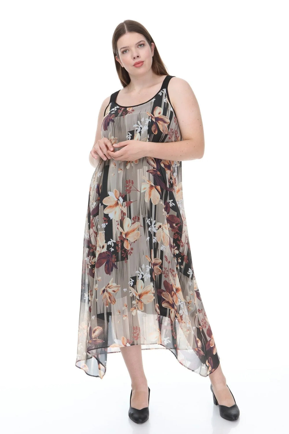 Büyük Beden Kadın Çiçek Desenli Pamuklu Viskon Maxi Elbise - Image 17