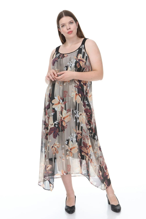 Büyük Beden Kadın Çiçek Desenli Pamuklu Viskon Maxi Elbise