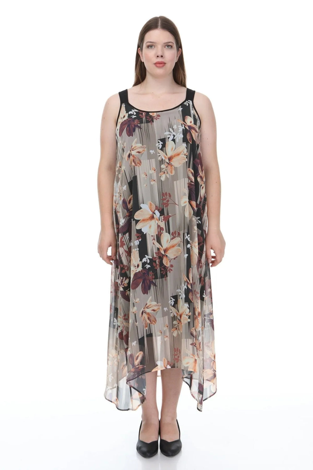 Büyük Beden Kadın Çiçek Desenli Pamuklu Viskon Maxi Elbise - Image 18