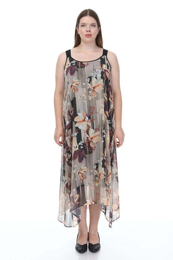 Büyük Beden Kadın Çiçek Desenli Pamuklu Viskon Maxi Elbise