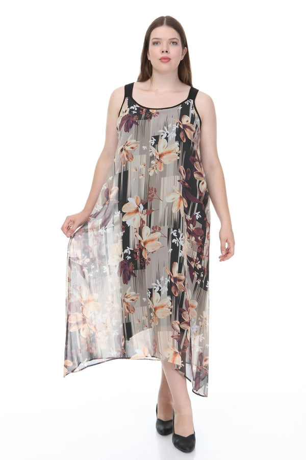 Büyük Beden Kadın Çiçek Desenli Pamuklu Viskon Maxi Elbise