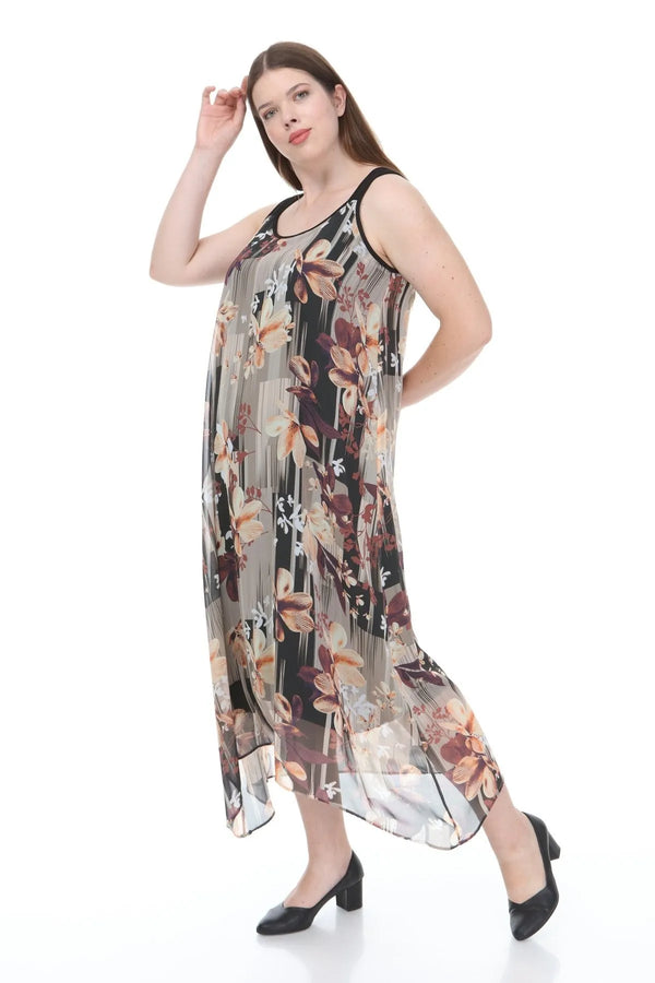 Büyük Beden Kadın Çiçek Desenli Pamuklu Viskon Maxi Elbise