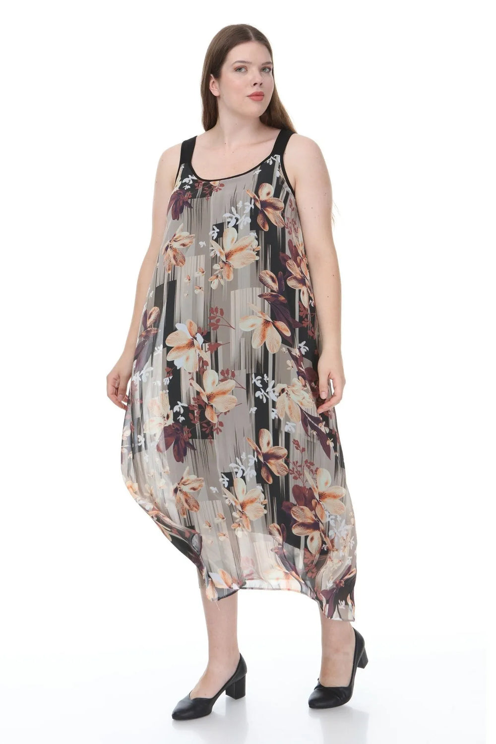 Büyük Beden Kadın Çiçek Desenli Pamuklu Viskon Maxi Elbise - Image 21