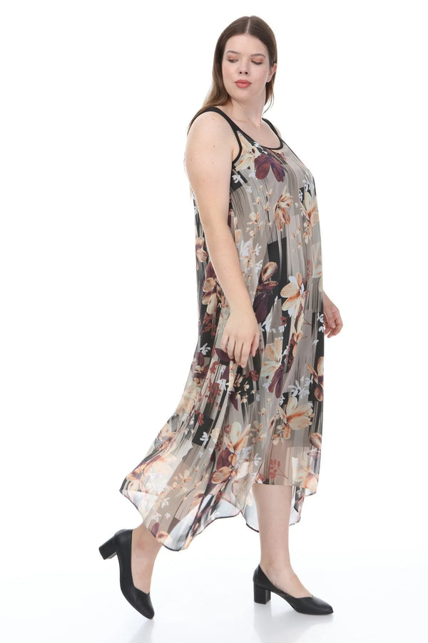 Büyük Beden Kadın Çiçek Desenli Pamuklu Viskon Maxi Elbise