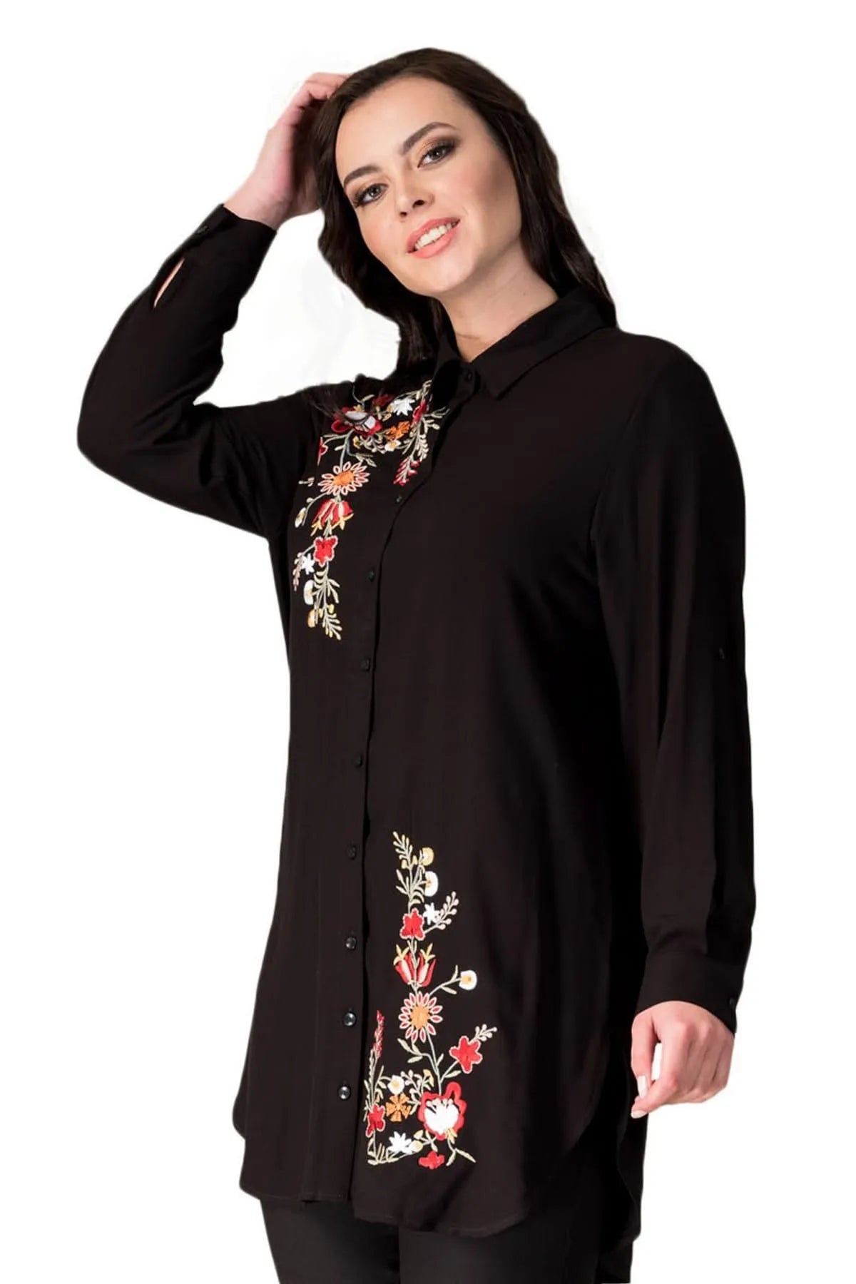Damen Tunika-Bluse mit Blumenstickerei in großen Größen