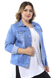 Büyük Beden Kadın Büyük Beden Kadın Esnek Likralı Kot Ceket Açık Mavi Denim Büyük Beden Ceket Mavi Kot