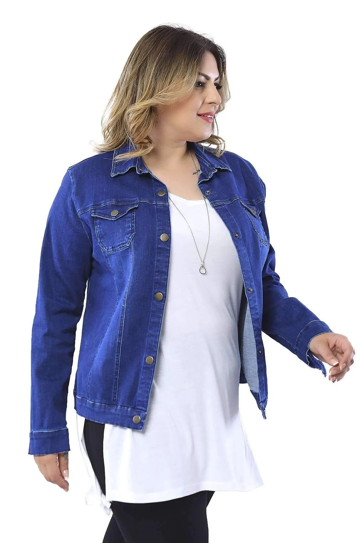 Büyük Beden Kadın Büyük Beden Kadın Esnek Likralı Kot Ceket Mavi Denim Büyük Beden Ceket Mavi Denim