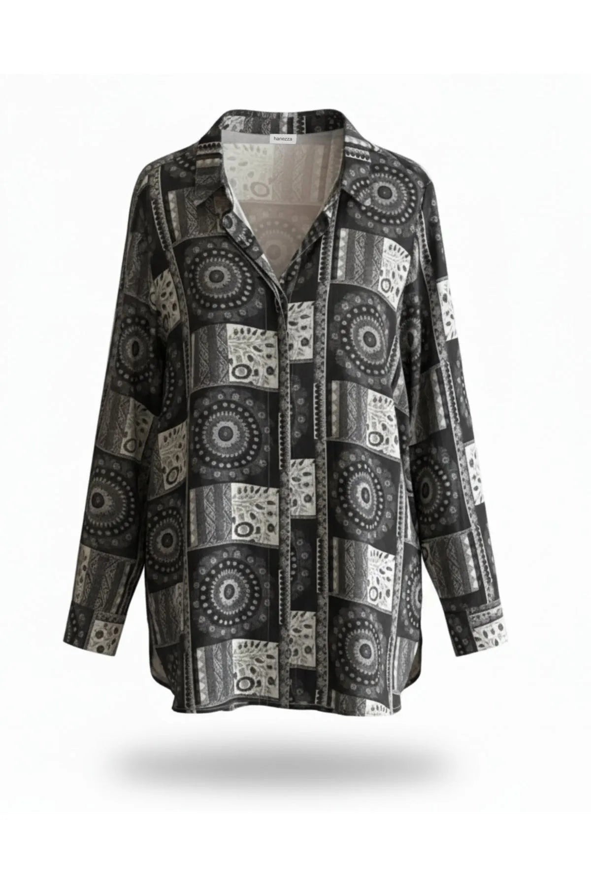 Plus Size Damen Hemdbluse Tunika mit Ethno-Print & langen Ärmeln aus Viscose