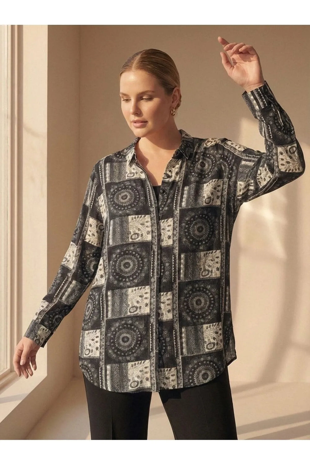 Plus Size Women's Ethnic Patterned Long Sleeve Viscose Shirt Tunic - Image 2