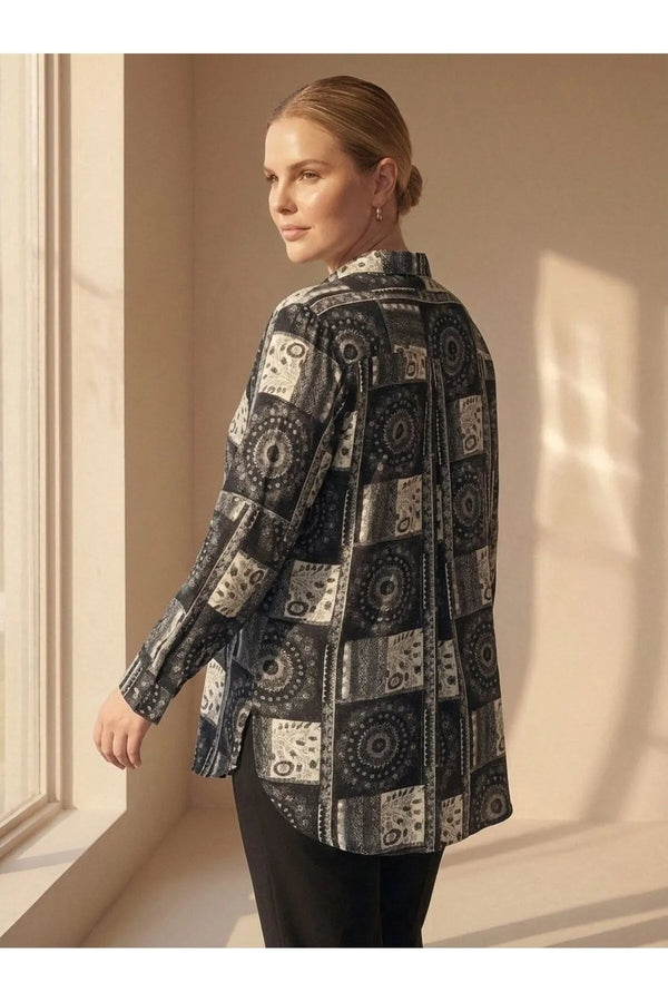 Plus Size Women's Ethnic Patterned Long Sleeve Viscose Shirt Tunic