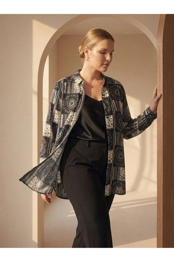 Plus Size Women's Ethnic Patterned Long Sleeve Viscose Shirt Tunic