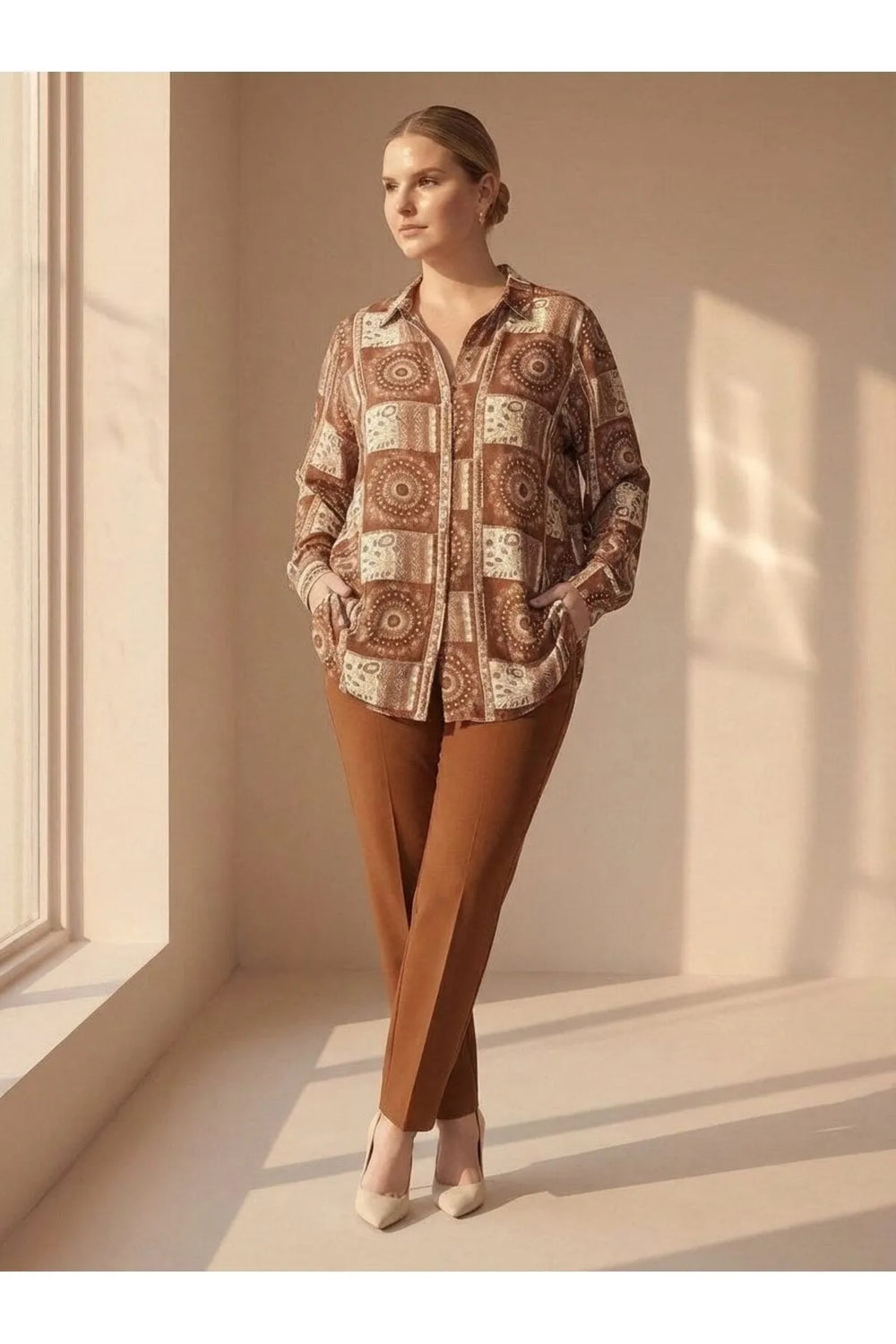 Plus Size Women's Ethnic Patterned Long Sleeve Viscose Shirt Tunic - Image 9