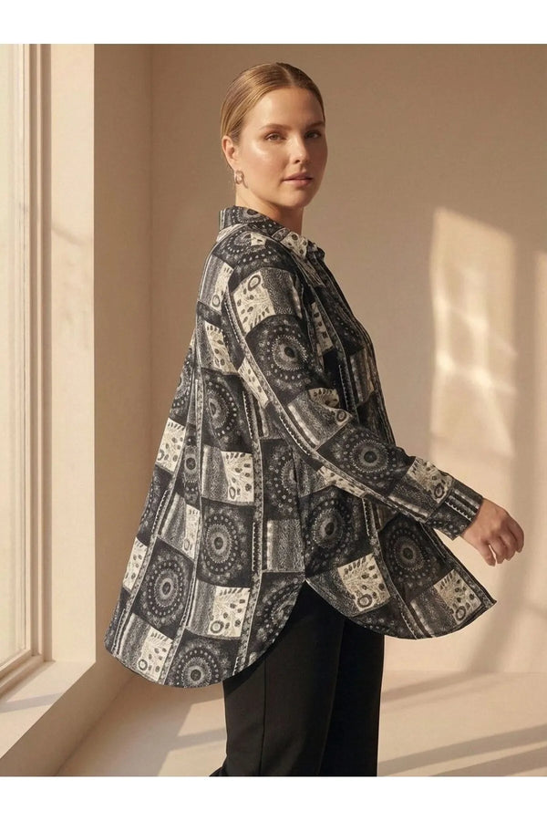 Plus Size Women's Ethnic Patterned Long Sleeve Viscose Shirt Tunic