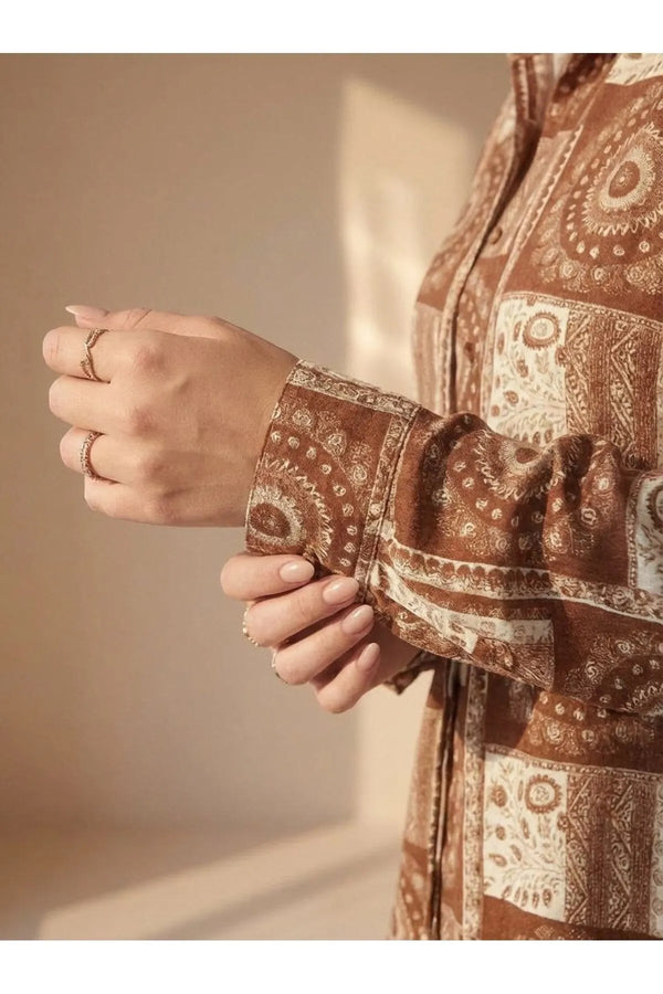 Plus Size Women's Ethnic Patterned Long Sleeve Viscose Shirt Tunic