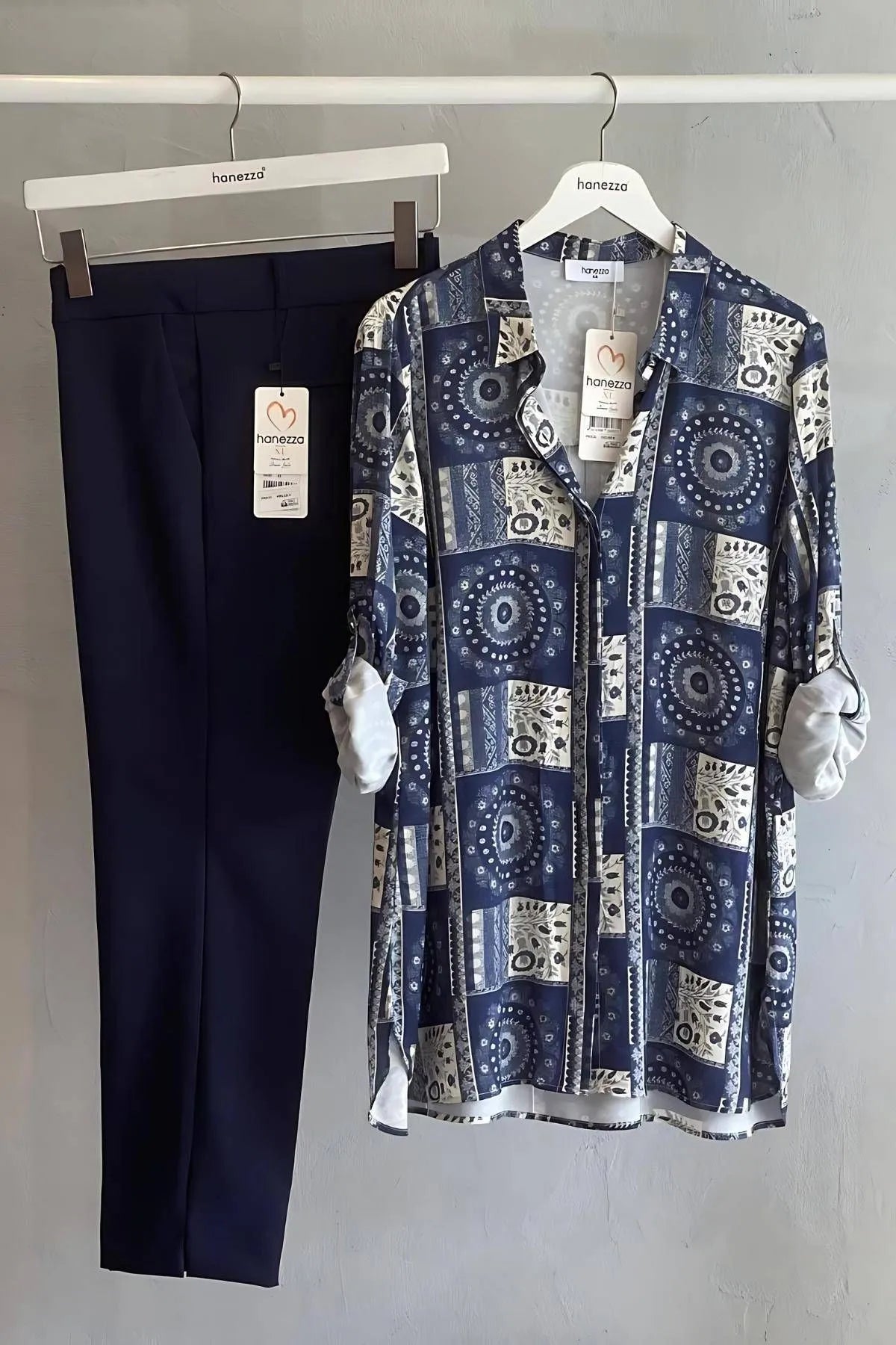 Plus Size Damen Hemdbluse Tunika mit Ethno-Print & langen Ärmeln aus Viscose