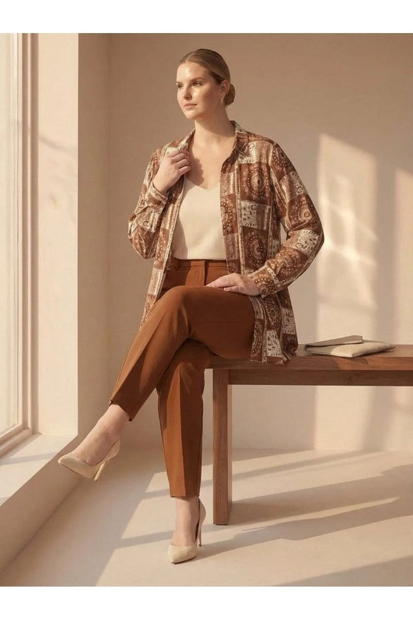 Plus Size Women's Ethnic Patterned Long Sleeve Viscose Shirt Tunic