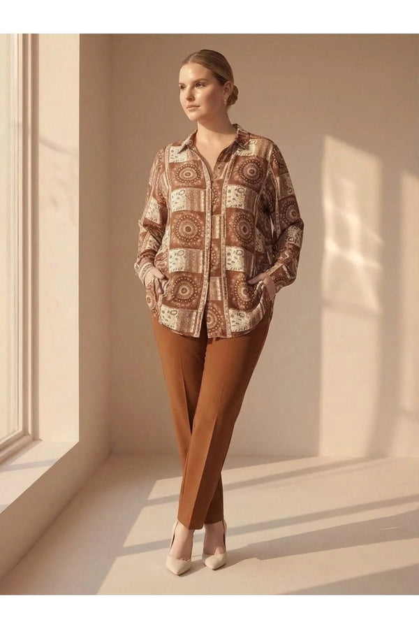 Plus Size Women's Ethnic Patterned Long Sleeve Viscose Shirt Tunic