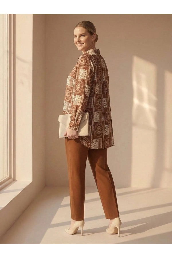 Plus Size Women's Ethnic Patterned Long Sleeve Viscose Shirt Tunic