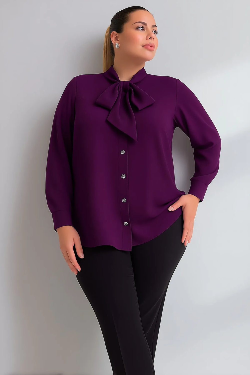 Hanezza Большой Размер Рубашка Jesica с Галстуком на Воротнике - Image 7