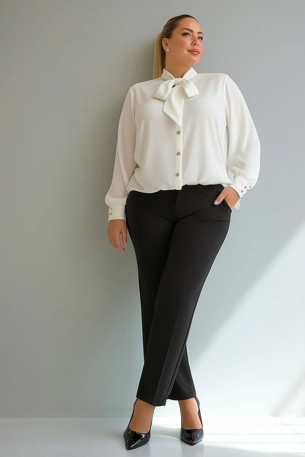 Hanezza Большой Размер Рубашка Jesica с Галстуком на Воротнике - Image 8