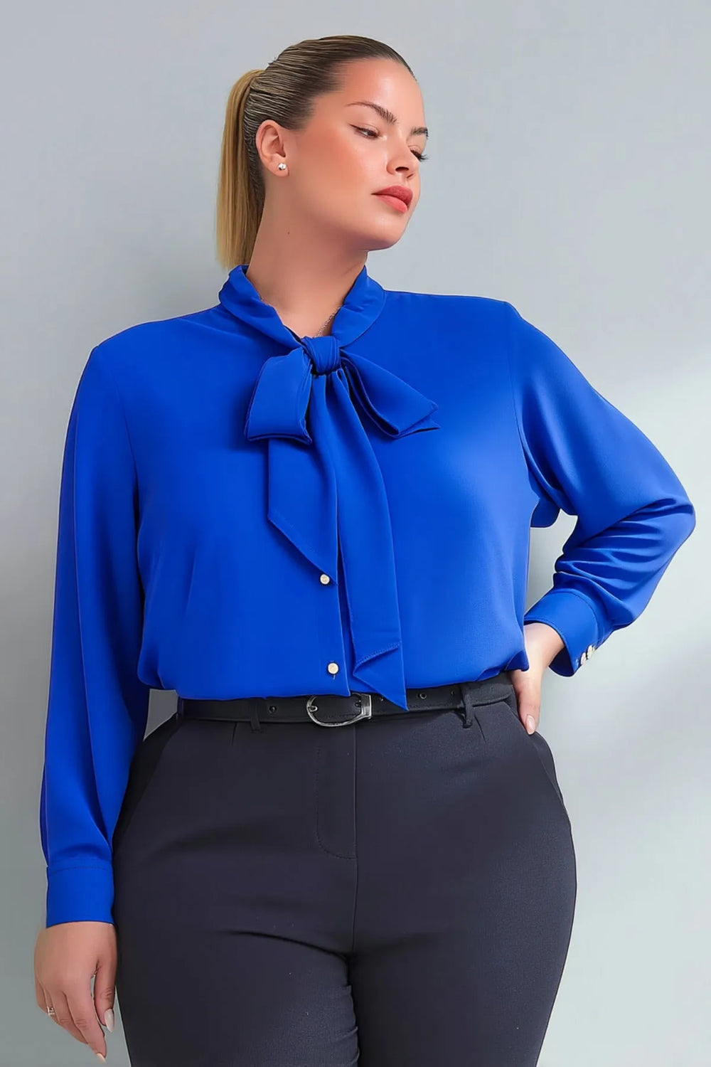 Hanezza Большой Размер Рубашка Jesica с Галстуком на Воротнике - Image 9