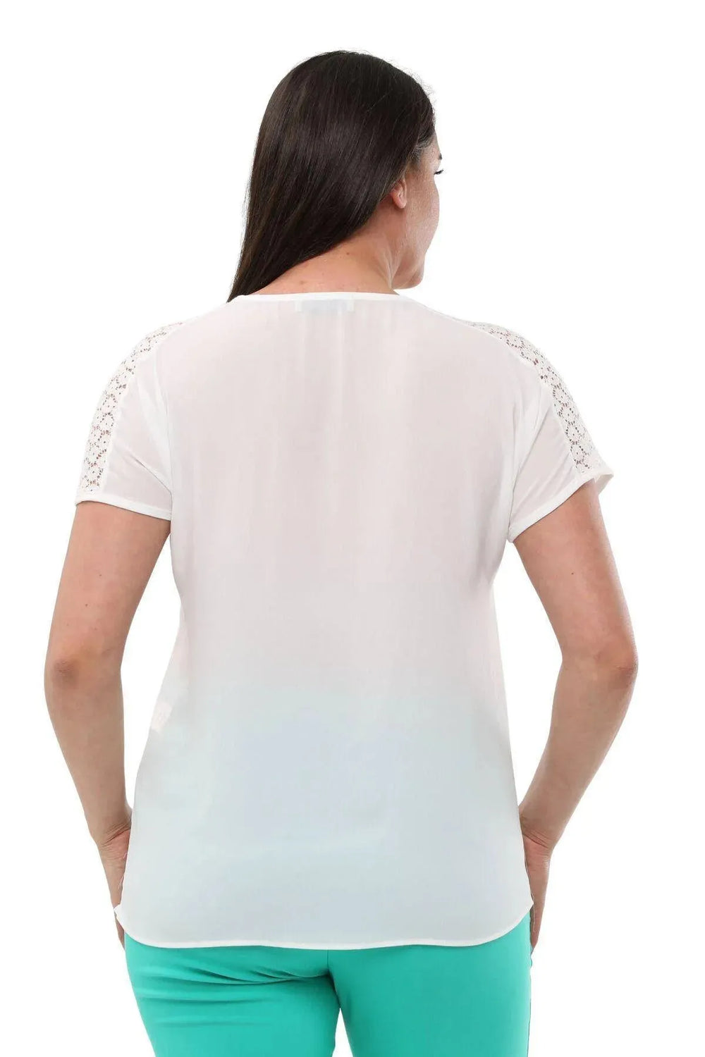 Plus Size Women's Fuchsia Guipure Detailed Short Sleeve Blouse - Image 5