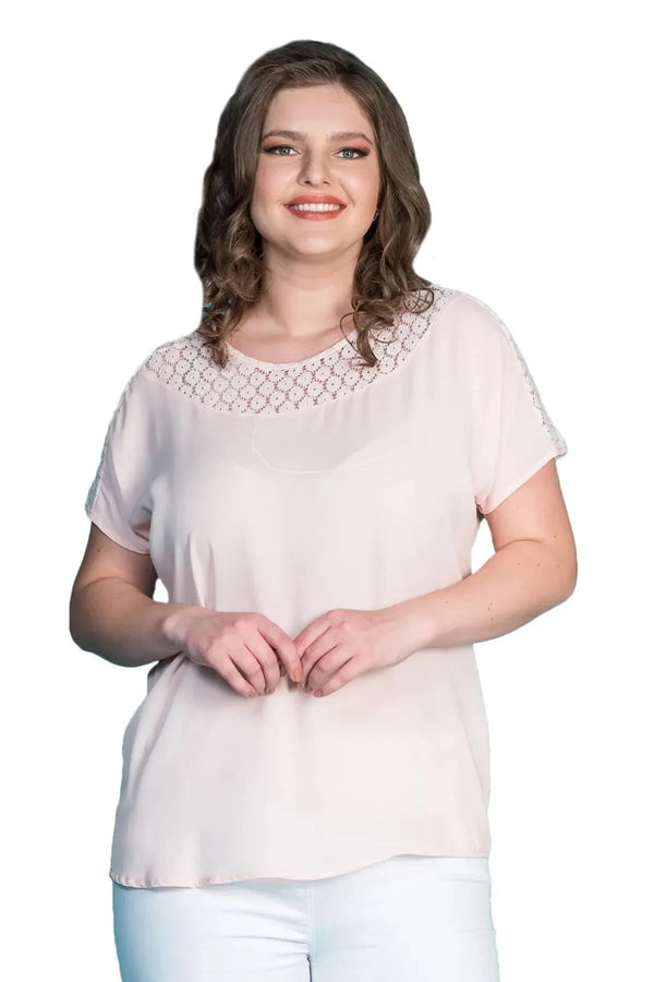 Plus Size Women's Fuchsia Guipure Detailed Short Sleeve Blouse