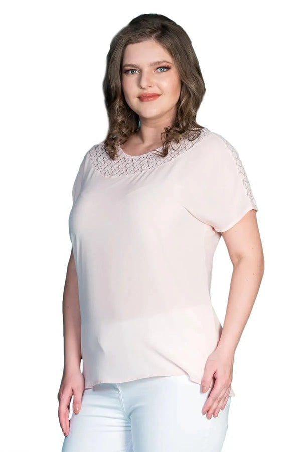 Plus Size Women's Fuchsia Guipure Detailed Short Sleeve Blouse