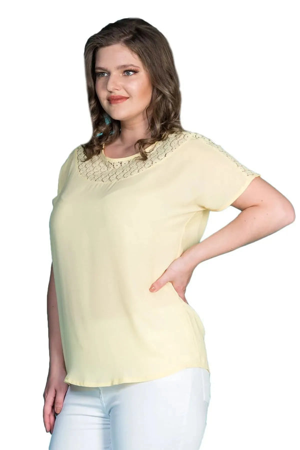 Plus Size Women's Fuchsia Guipure Detailed Short Sleeve Blouse