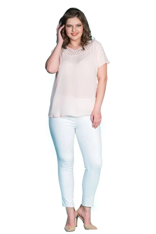 Plus Size Women's Fuchsia Guipure Detailed Short Sleeve Blouse