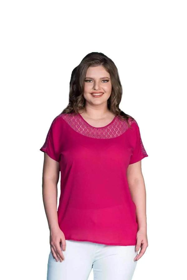Plus Size Women's Fuchsia Guipure Detailed Short Sleeve Blouse