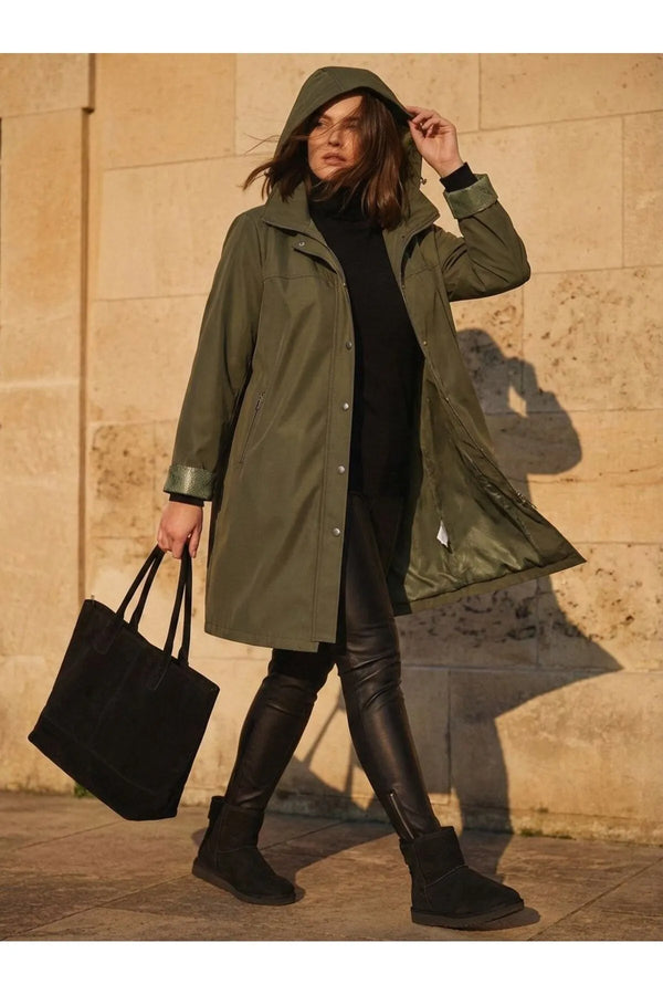 Büyük Beden Kadın Büyük Beden Kadın Kapüşonlu Bonded Trençkot - Astarlı Büyük Beden Trençkot Haki Düz Renk