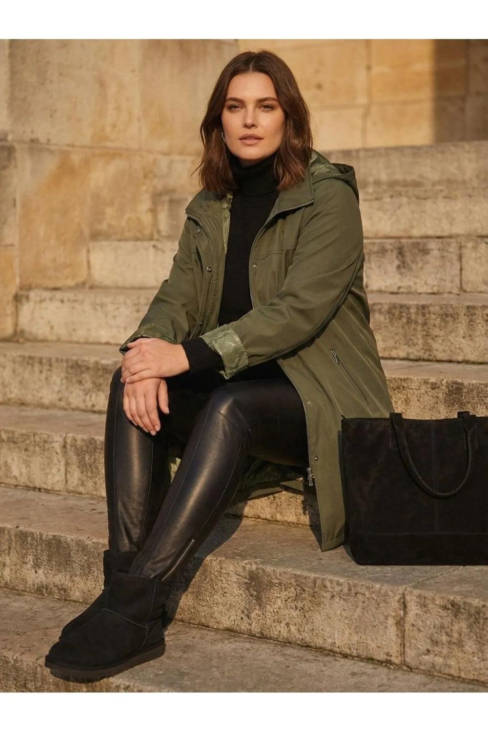 Женский тренчкот больших размеров с капюшоном из бондированного материала — на подкладке - Image 2