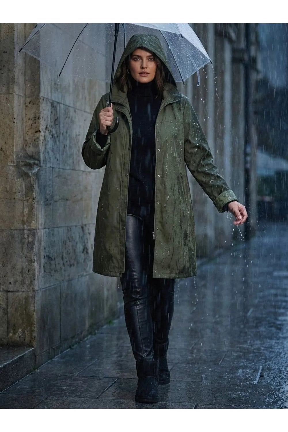 Женский тренчкот больших размеров с капюшоном из бондированного материала — на подкладке - Image 4