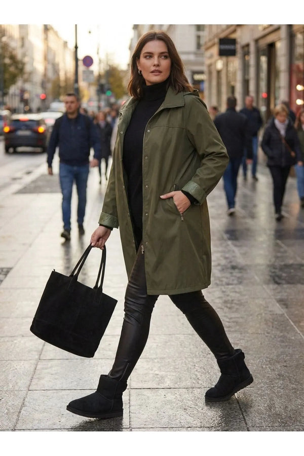 Женский тренчкот больших размеров с капюшоном из бондированного материала — на подкладке