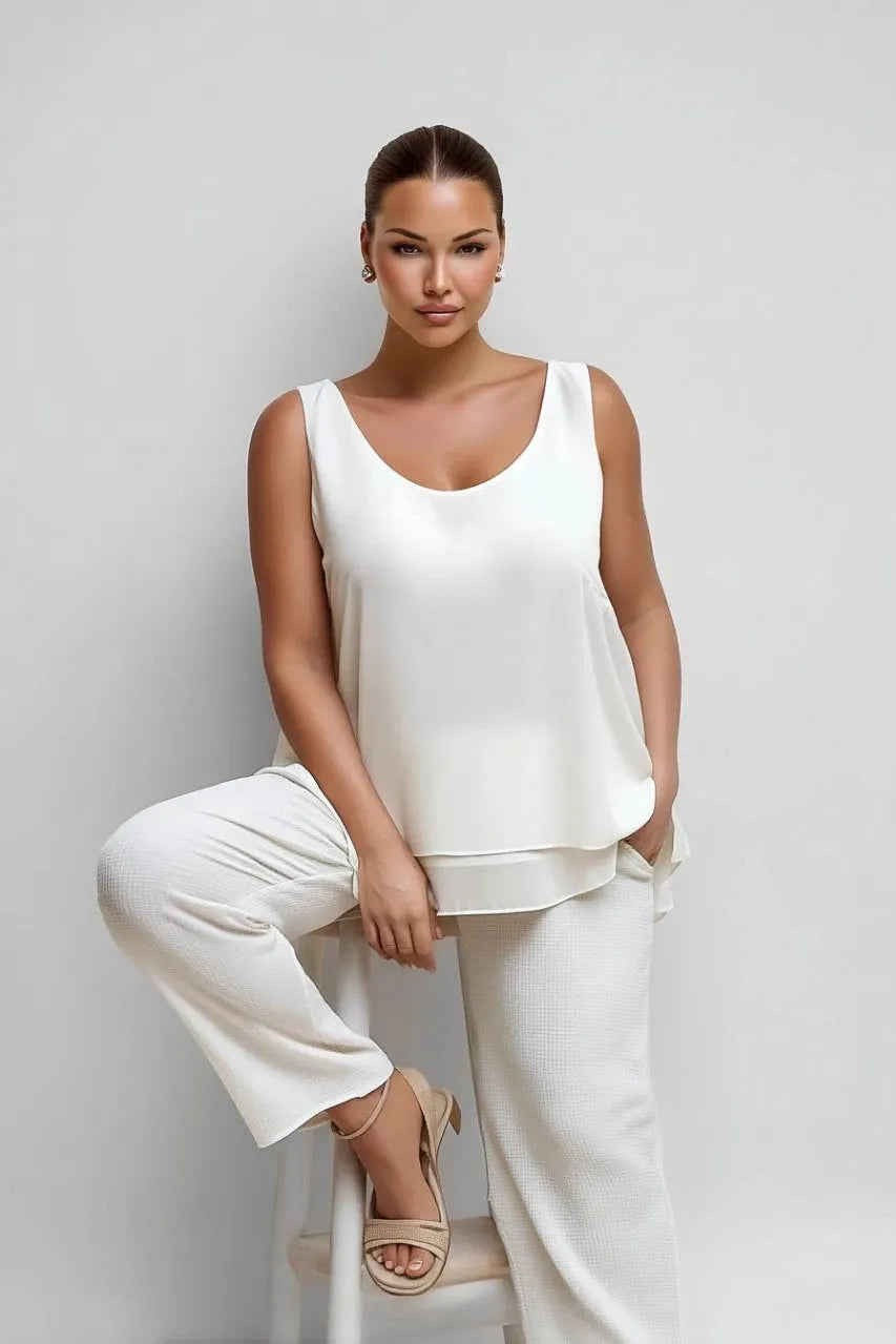 Женская блуза из креповой ткани больших размеров без рукавов с многослойным дизайном - Image 1