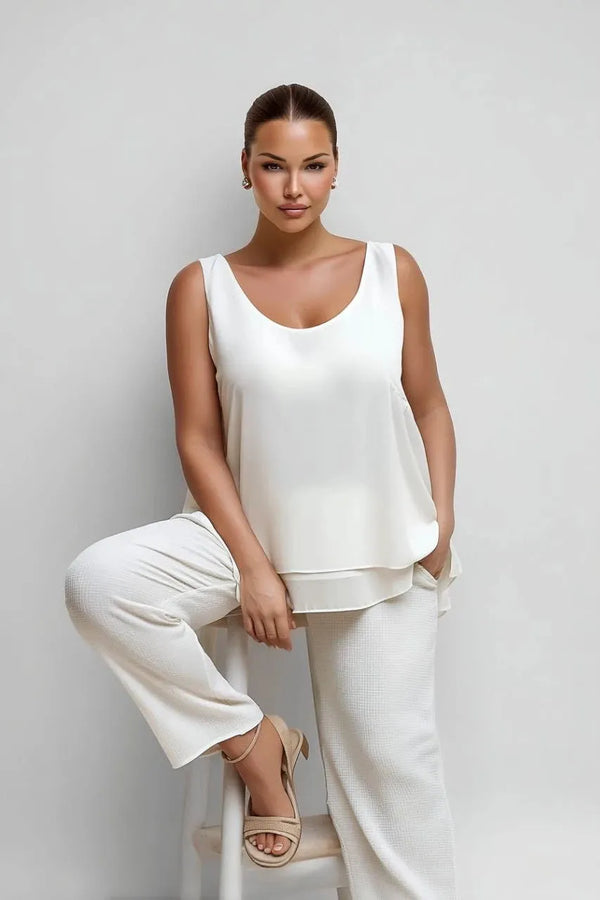 Büyük Beden Kadın Büyük Beden Kadın Kolsuz Katlı Krep Bluz Büyük Beden Bluz Beyaz Krep