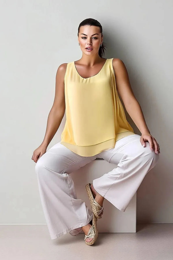 Женская блуза из креповой ткани больших размеров без рукавов с многослойным дизайном