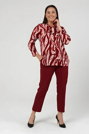 Büyük Beden Kadın Büyük Beden Kadın Kravat Yaka Uzun Kol Gömlek Büyük Beden Gömlek Bordo Desenli
