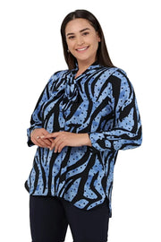 Büyük Beden Kadın Büyük Beden Kadın Kravat Yaka Uzun Kol Gömlek Büyük Beden Gömlek Mavi Zebra Desenli
