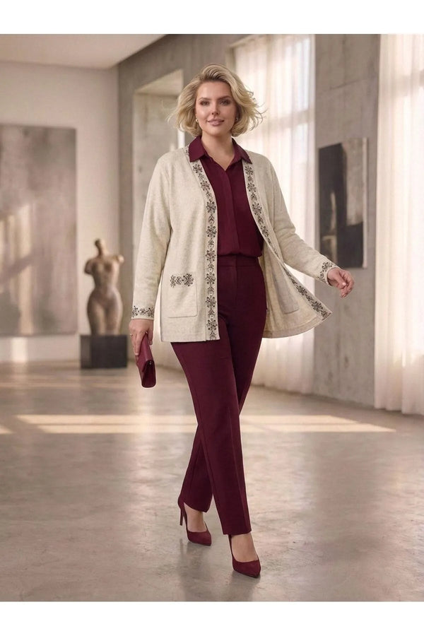 Büyük Beden Kadın Krem Etnik Nakışlı Şal Yaka Triko Hırka