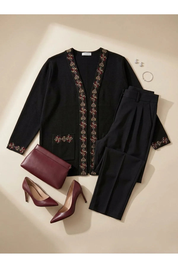 Büyük Beden Kadın Krem Etnik Nakışlı Şal Yaka Triko Hırka